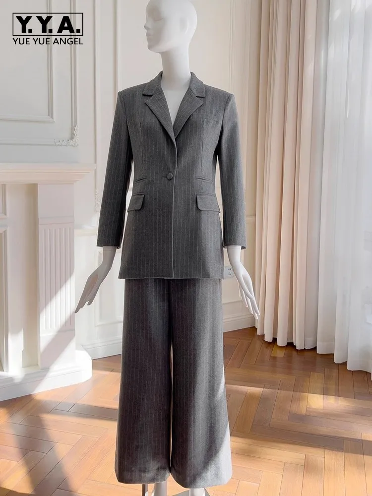 Office Ladies Vintage Single Button Striped Suit Jacket High Waist Wide Leg Pants Two Piece Set Women Work Elegant Matching Sets