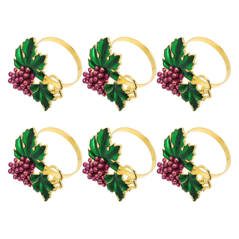 

6pcs Napkin Rings Grape Green Leaf Bulk Berry Zinc Alloy Boho Holders Table Decor Kitchen Bar Supplies
