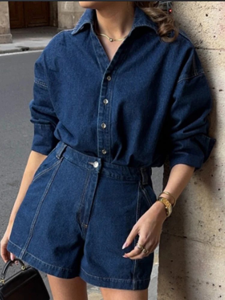 

Summer New Women's Denim Shorts Suits Set Elegant Loose Fit Lapel Shirts Matching High Waist Jorts Casual Office Daily Outfits