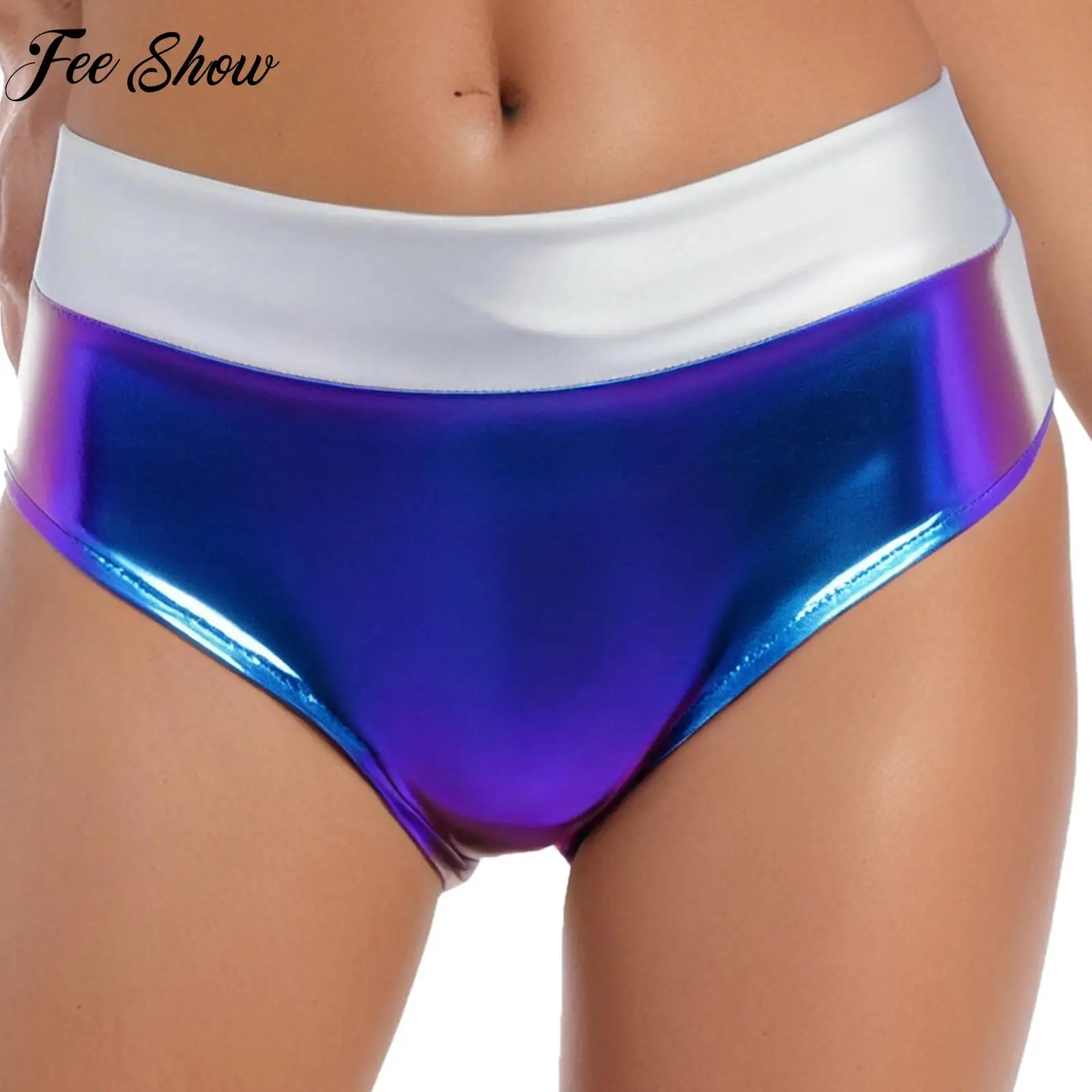 Women Sexy Metallic Briefs Beach Pool Party Rave Club Music Festival Costume Color Block Shiny Booty Shorts Breathable Hot Pants