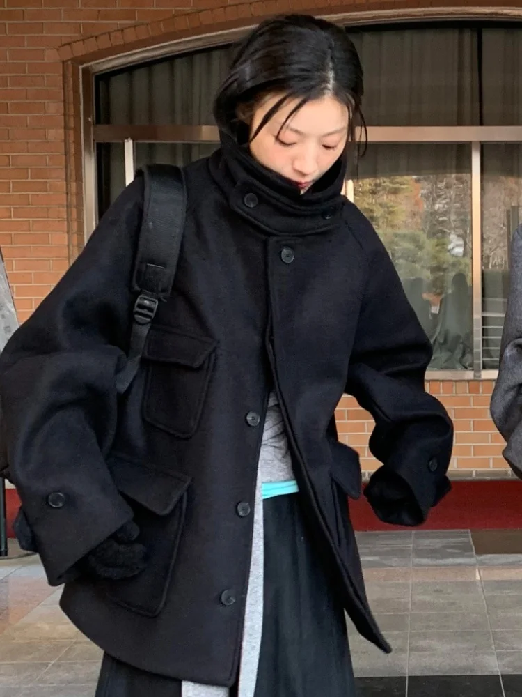 

Retro Elegance Stand Collar Warm Woolen Coat Women's Bla Single Button Small Size Japanese Sle Woolen Coat Trendy