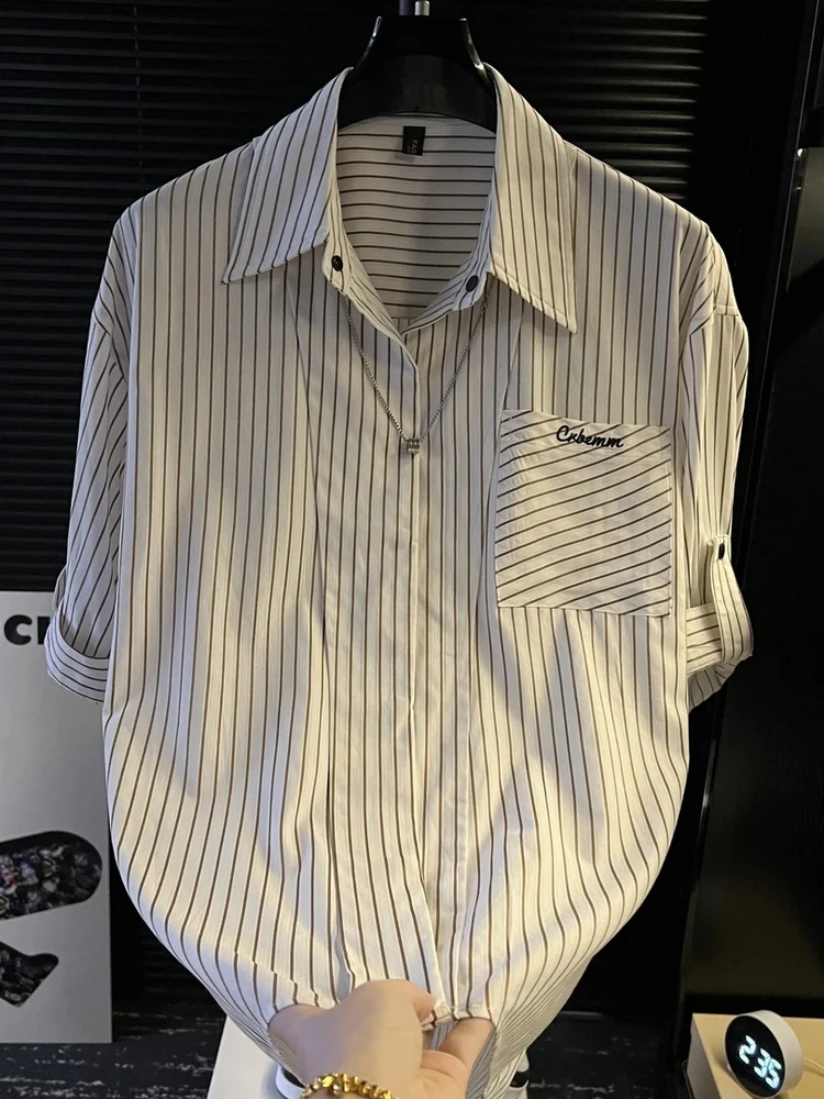 

Лето 202, мужская повседневная полоска ort Sve irt, модный дизайн, высококачественная подставка с принтом, стандартная длина, на пуговицах