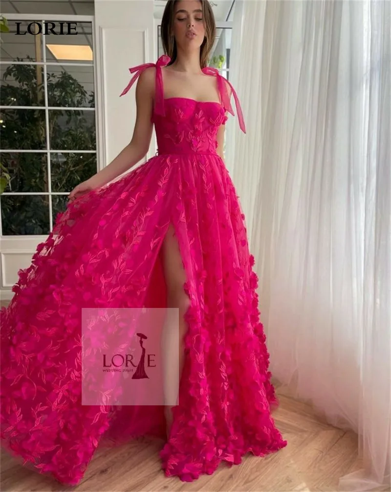 LORIE Hot Pink 3D Flowers Prom Dresses A Line Bow Straps Lace Evening Party Dress Sweetheart Neck Side Split Prom Gowns 2023