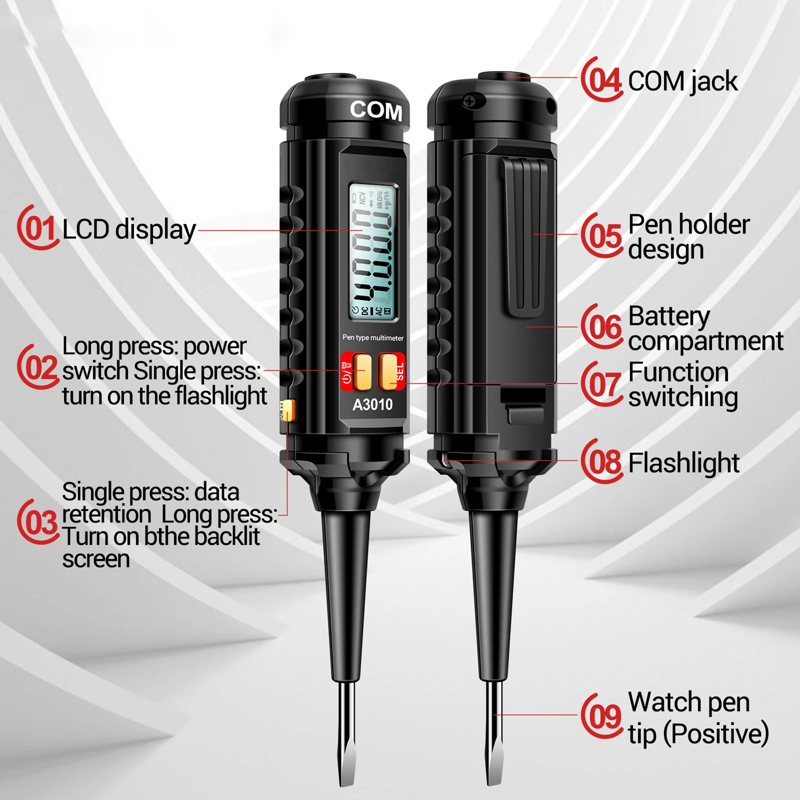 ANENG A3010 4000 Counts Pen-Type Multimeter True-RMS Backlight Multi Meter Digital Auto Range Tester LCD Electrician Tools