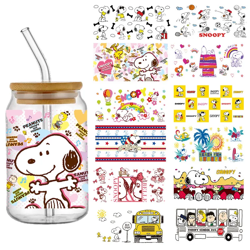 Kartun mode Snoopy 16OZ UV DTF cangkir membungkus stiker Transfer untuk Kaca Libbey dapat botol Selfadhesive dapat dicuci DIY sesuai pesanan