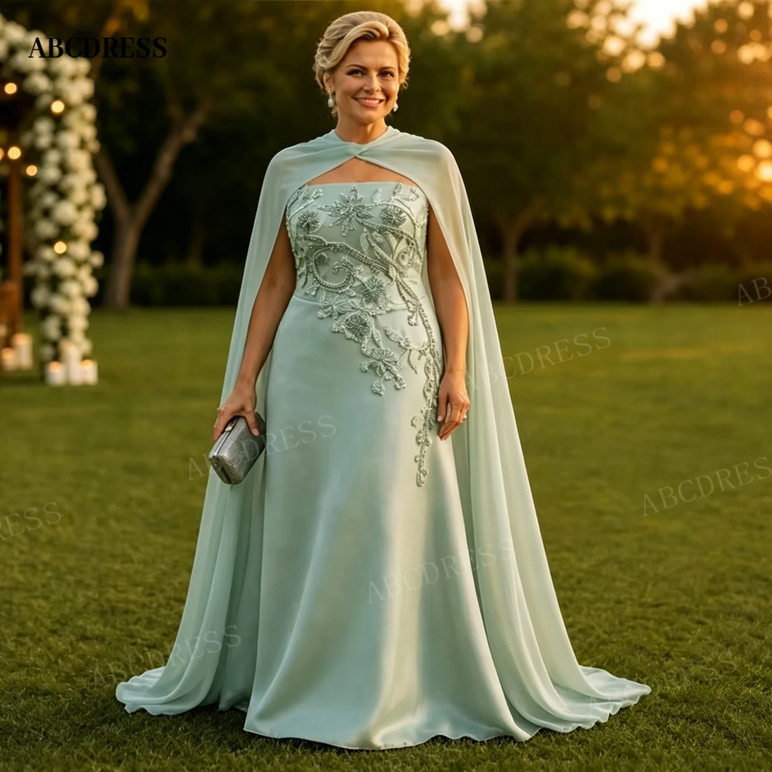 ABCDRESS Custom Chiffon A Line Mother Of The Bride Dress With Cape Floral Beaded Embroidery Formal Wedding Guest Evening Gown