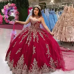 Lorencia Mexico Red Ball Gown Quinceanera Dress Gold Lace Applique Beading Crystal With Cape Sweet 16 Vestidos De 15 Años YQD578