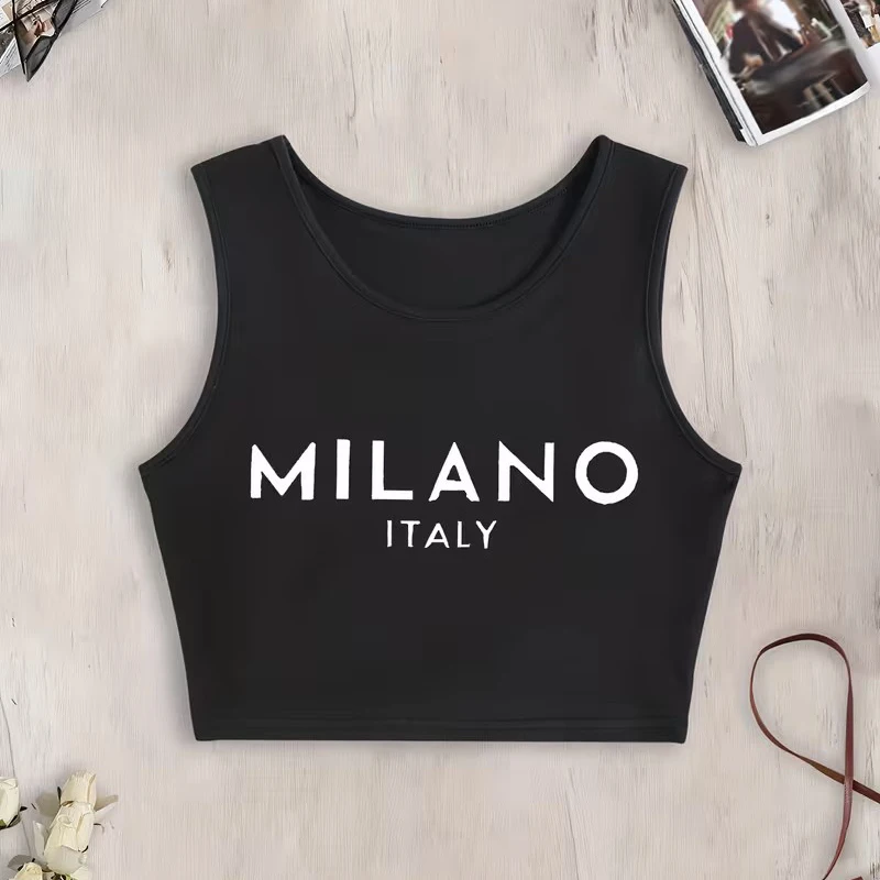 Women's Fashionable Sexy Milano Italy Letter Print Round Neck Sleeveless Vest T Shirt 90s Graphic Y2k Tank Tops Clothes