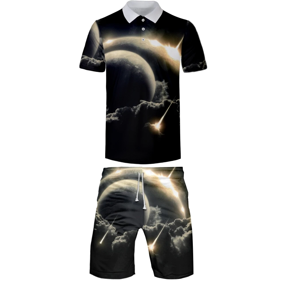 Men's Polo Shirt Short Sleeve Polo shirt+basketball meteorite fall print Polo summer street casual fashion men's top