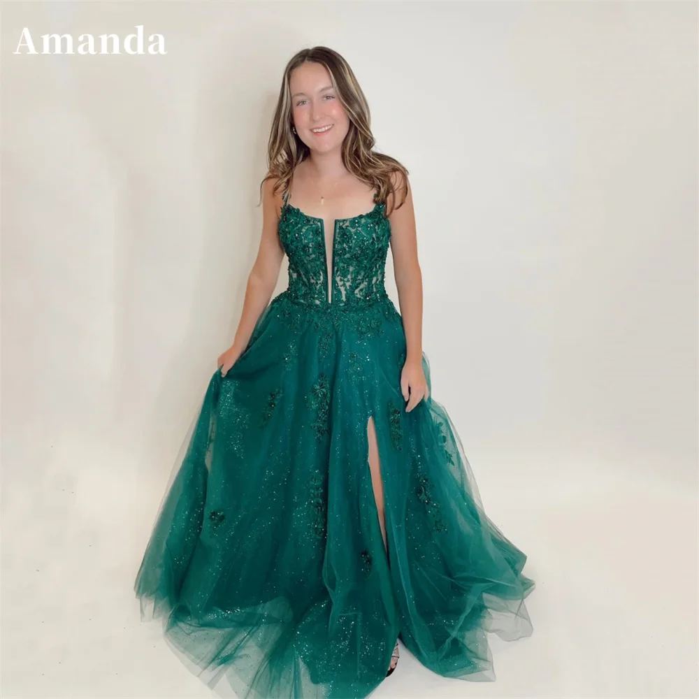 Amanda Green Lace Embroidery Tulle Vestido De Novia Elegant Spaghetti Strap Prom Dress Side High Split A-line Graduation Ball