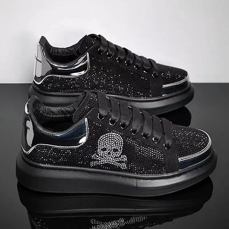 New Fashion Men's Casual Shoes Diamond Rhinestones Handmade Lace-Up Business Loafers Comfortable Breathable Walking Sneaker