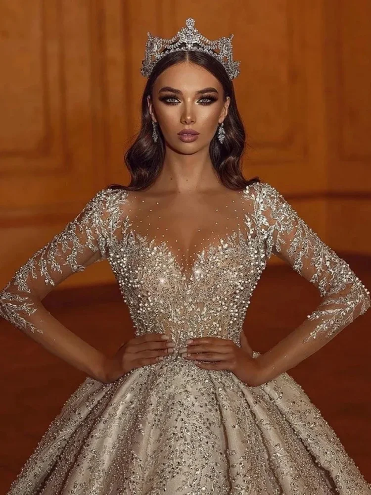 Luxurious Sparkling A-line Crystal Beaded Women's Puff Wedding Dress Sexy V-neck Transparent Sleeves Ball Bridal DressCustomized