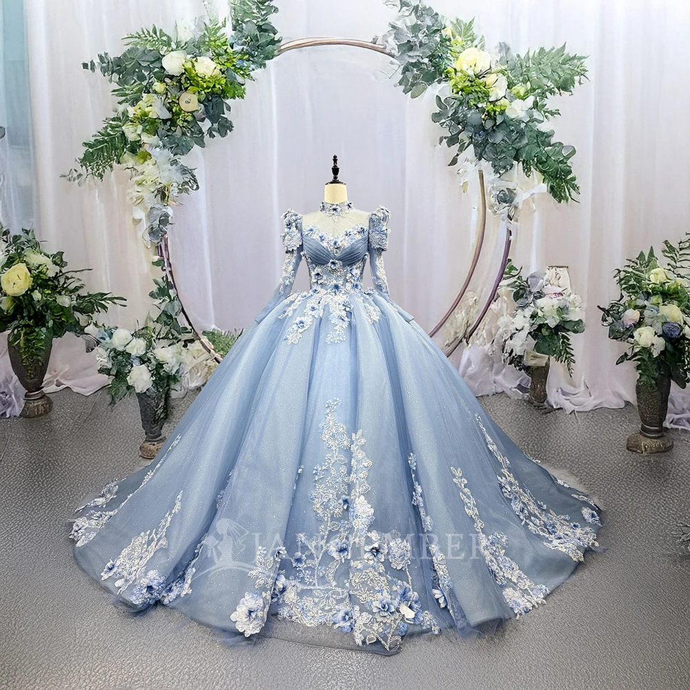 

Новое красивое бальное платье Quinceanera, платья для 15, со шлейфом и высоким воротником, оборками и аппликациями, платье для выпускного вечера 15 Anos Vestido по индивидуальному заказу