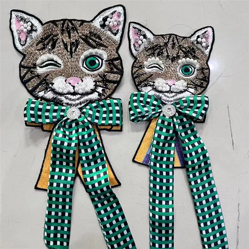 Cartoon Cat Beaded Diamond Green Bow Embroidered Patches For DIY Clothing T Shirt Sew On Accessories Applique