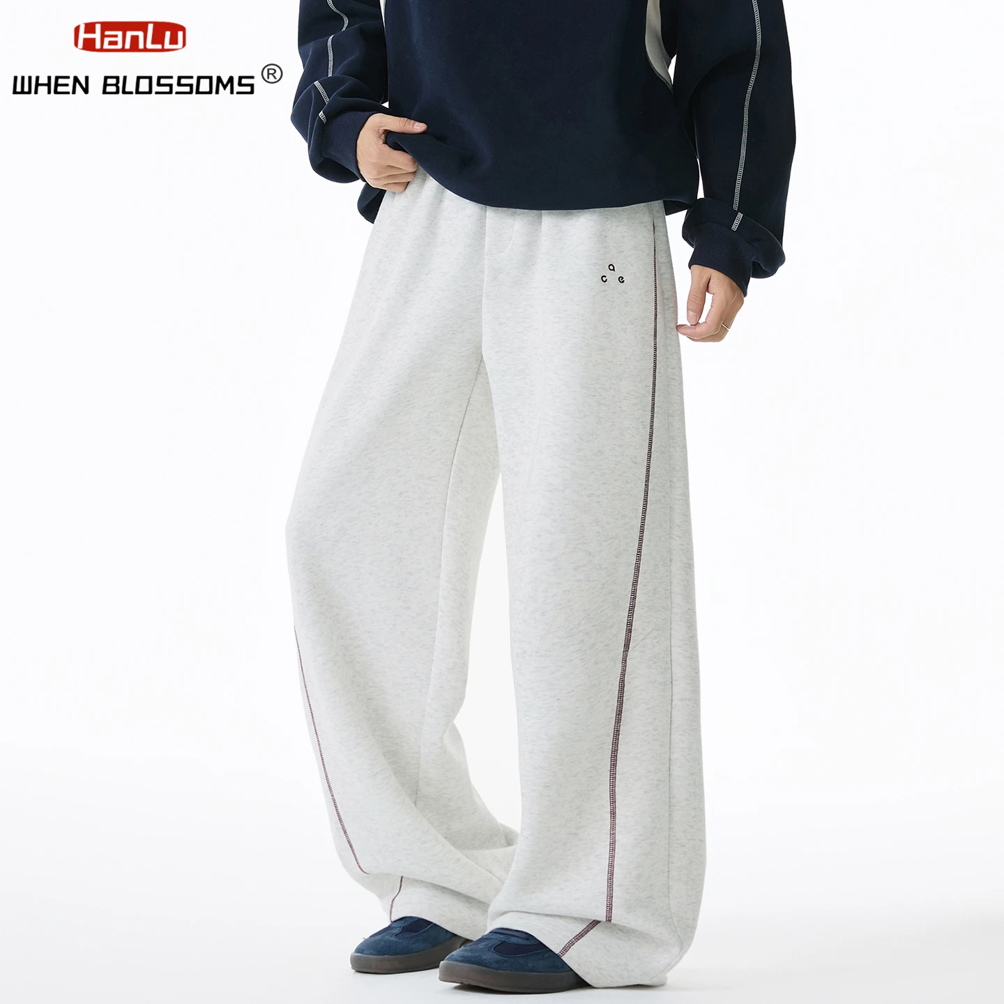 HANGLU 2025 Men's Heavyweight Sweatpants Contrast Stitch Straight Leg Loose Fit Streetwear Casual Jogger Pants