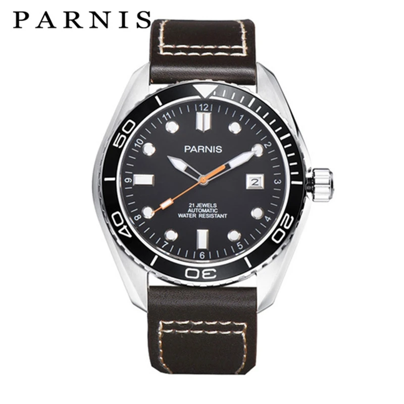 

Fashion Parnis 45mm Silver Case Automatic Men Watch Sapphire Crystal Leather Strap Mechanical Waterproof Watches For Men Clock