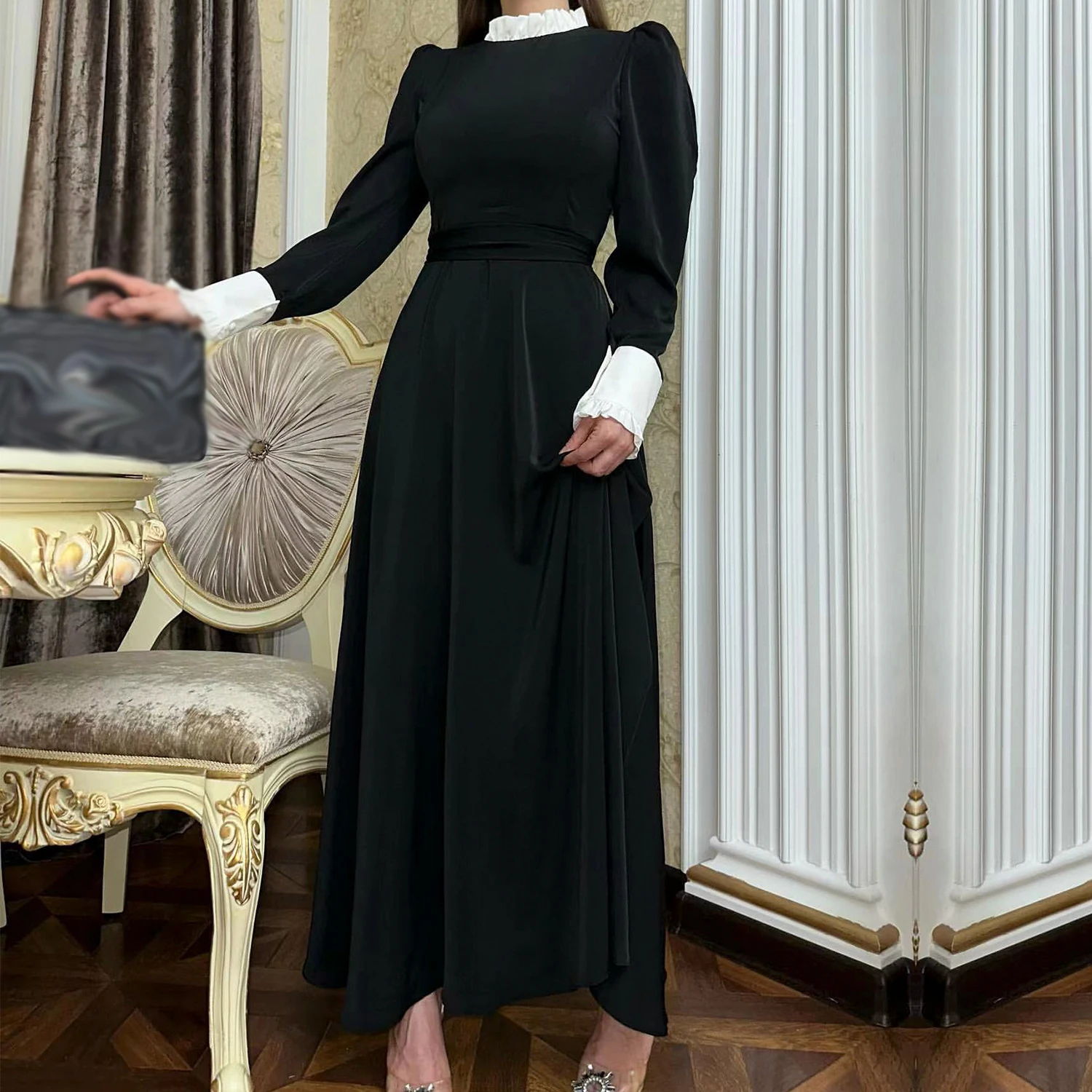 Elegancka damska muzułmańska długa sukienka maxi Abaya Dubai Kaftan Evening Party Turkey Vestidos Islam Jalabiya Arab Robe Caftan Black Gown