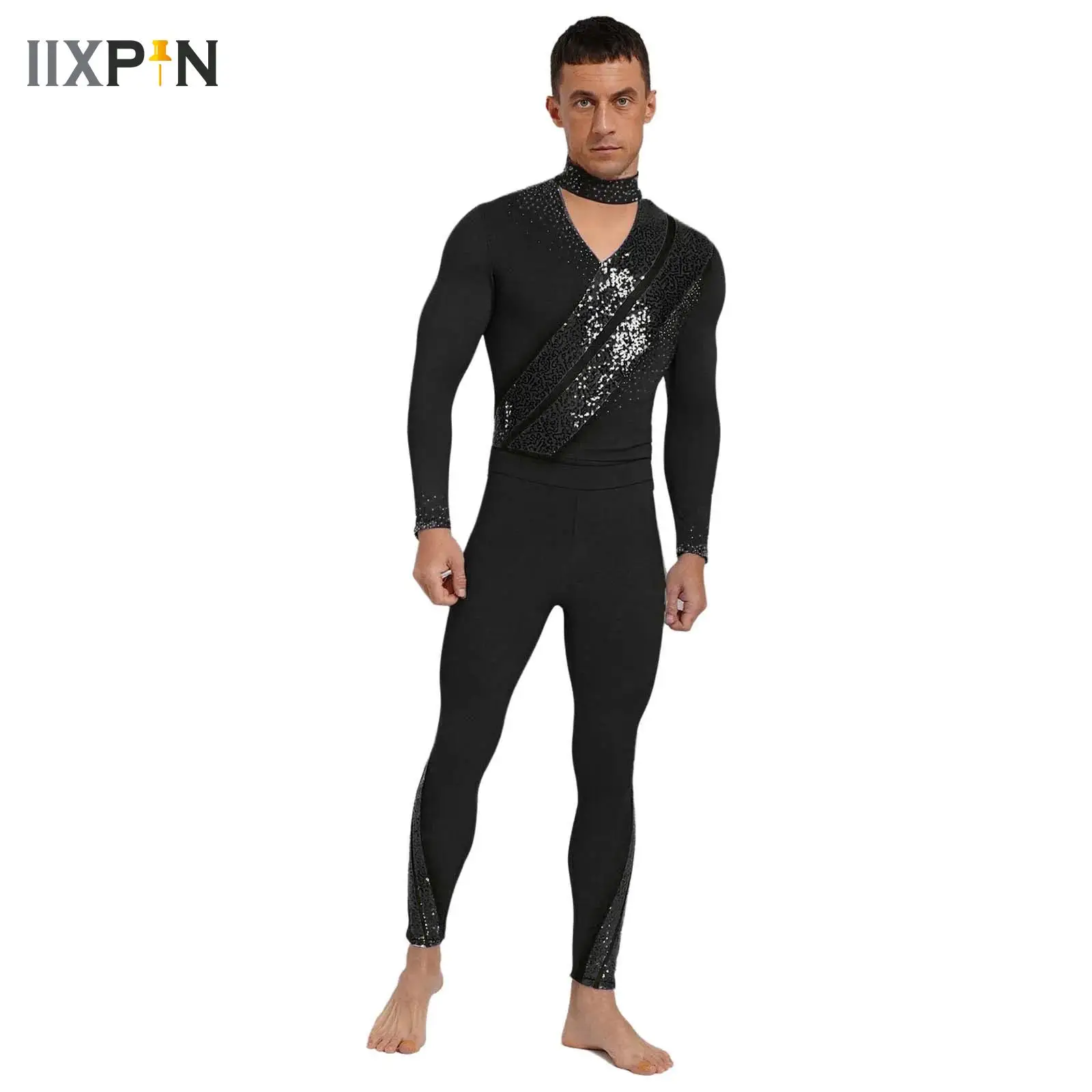 

Men Figure Skating Outfits Hollow V Neck Openable Crotch Latin Waltz Dance Bodysuit And Stirrup Pants Ballet Dancewear Set