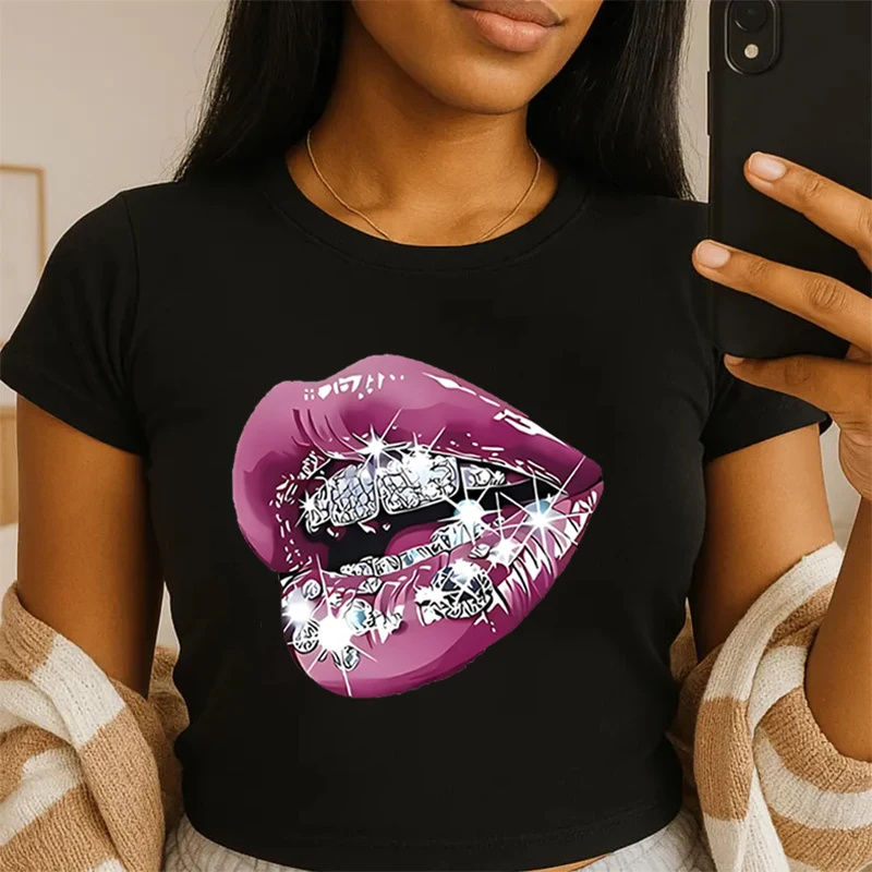 

Sexy Lip Design Women Tshirt Streetwear Crop Tops Tees Harajuku Y2k Fashion Casual Tops Pink Lip Girls Matching T-shirts