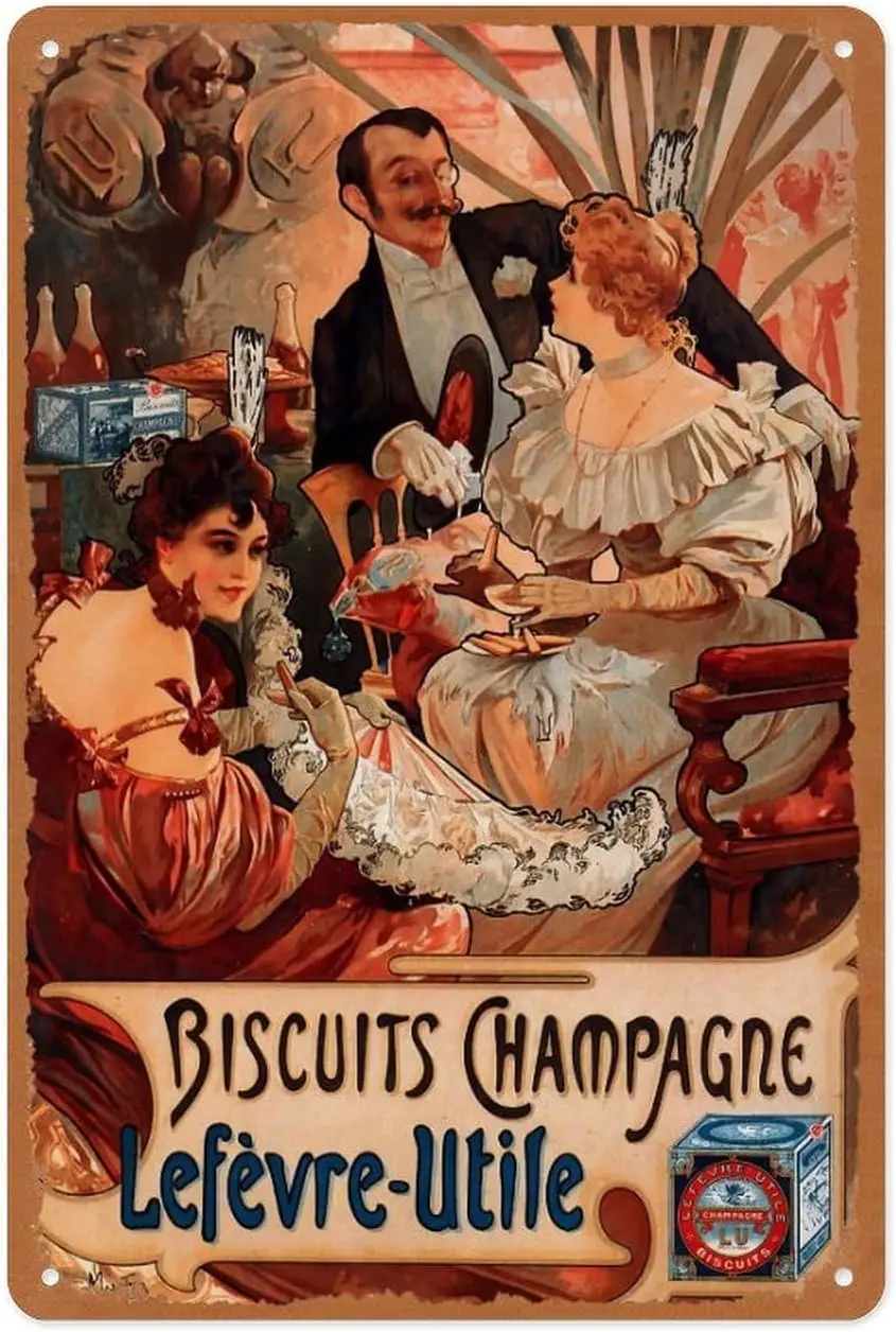 Vintage Metal Sign - Alphonse Mucha Biscuits Champagne Lefevre Utile 1896 Fine - 8x12 Inch Wall Art for Garage, Man Cave, G sign