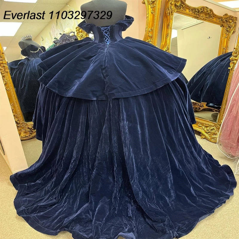 EVLAST Customized Navy Blue Quinceanera Dress Ball Gown Velvet Crystals Beading Tiered Sweet 16 Vestidos De 15 Anos TQD891