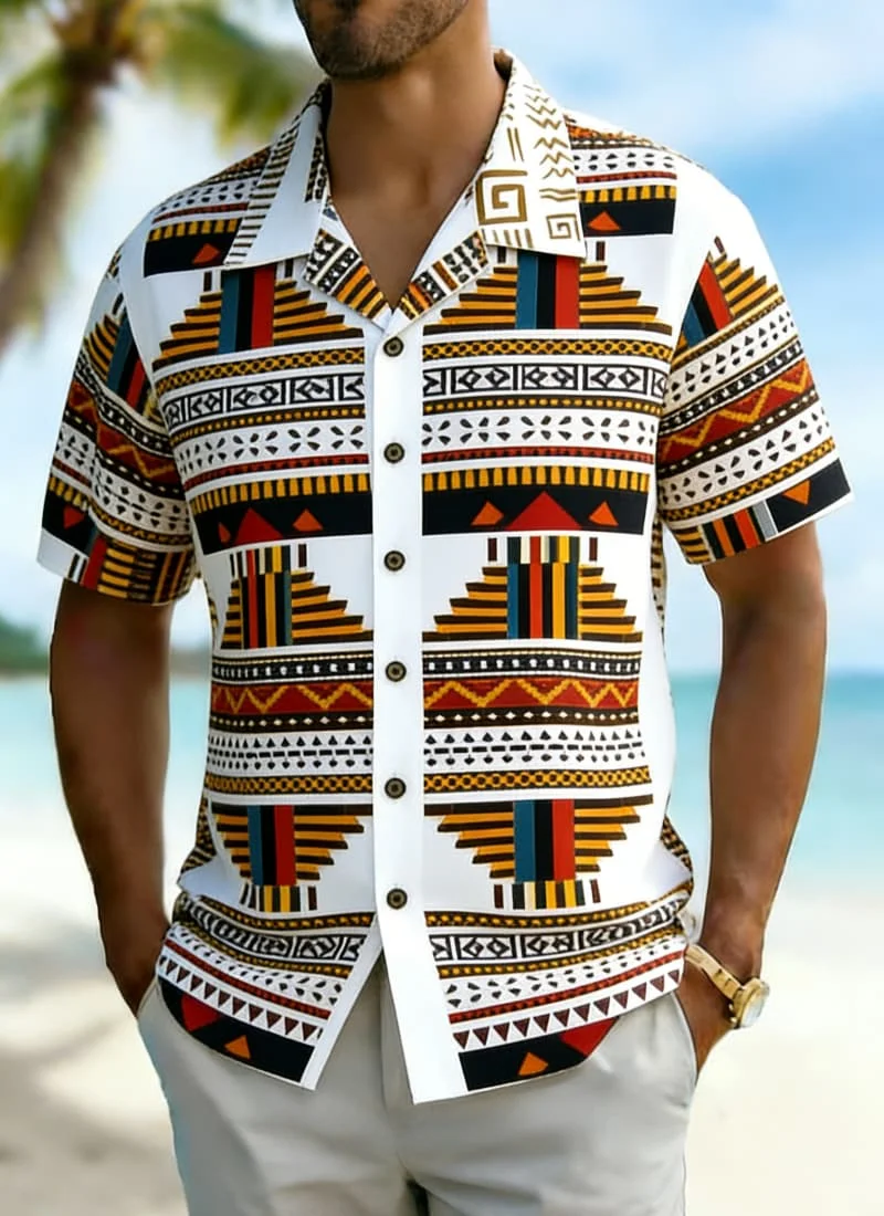 Men's Premium Vintage Totem Print Shirt, Luxury Casual Design for Summer Vacation, High-End Beachwear & Daily Style