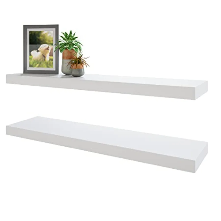 

31 in White Wooden Floating Wall Shelves Set of 2 with Invisible Brackets for Bedroom Bathroom Living Room Kitchen Decoration