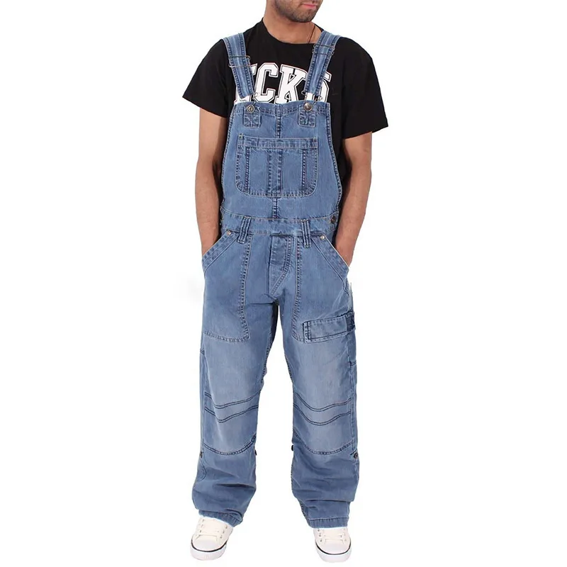 Programmer Overalls, Men\'s Denim Overalls, Simple Multi-Pocket Loose Jeans, Auto Repair Wear-Resistant Overalls