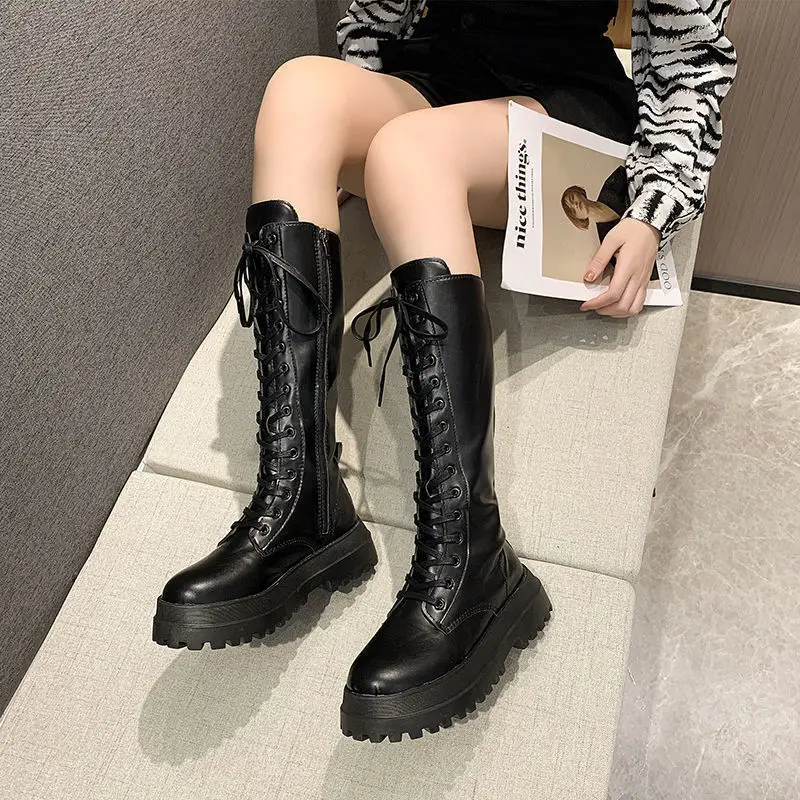 Women Knee High Boots Spring Pu Leather Ladie Punk Long Female Lace Up Cuissarde Femme 2022 Zip Black Chelsea Botas Femininas