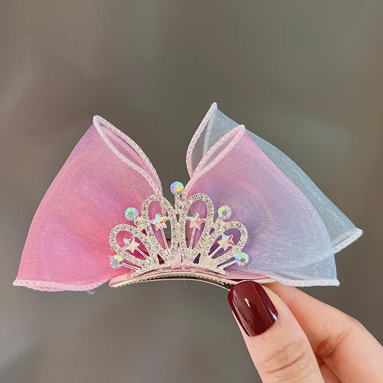 15pcs Glitter Tiaras Gradient Tulle Bow Hairpins Rhinestone Crown Rainbow Color Tutu Bowknot Barrettes Boutique Hair Accessories