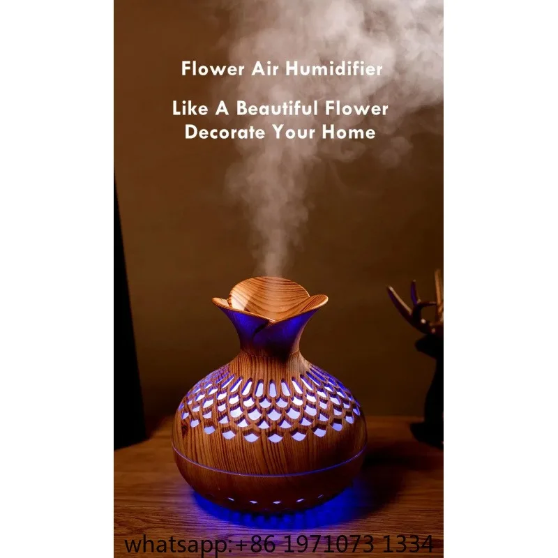 Wood Grain Flower Humidifier – USB Mini Silent Aroma Diffuser with Colorful Mist for Home/Office Desktop
