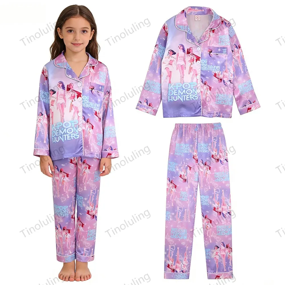 Girls Pajamas Sets Satin Long Sleeve Pink Purple Kids Pyjamas Kpop Princess Pijamas Toddler Sleepwear 3 to 8 10 11 12 13 14Years