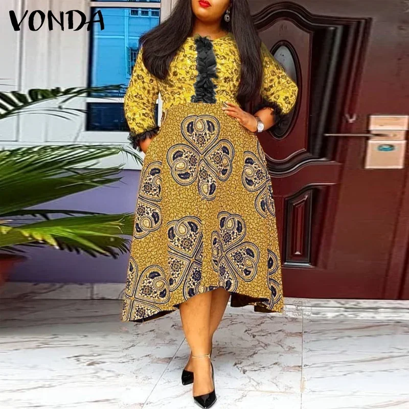

Плюс размер 5XL VONDA элегантное кружевное лоскутное платье миди женское богемное платье с принтом винтажный халат с рукавами 3/4 повседневный свободный сарафан