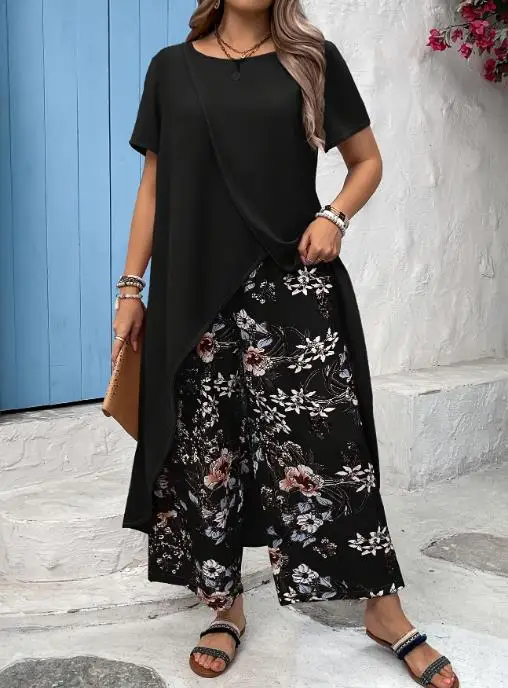 

Summer 2025 Large Size Women's Two-Piece Dress Printed Pants Set Loose and Comfortable Casual Retro Long Pants Set