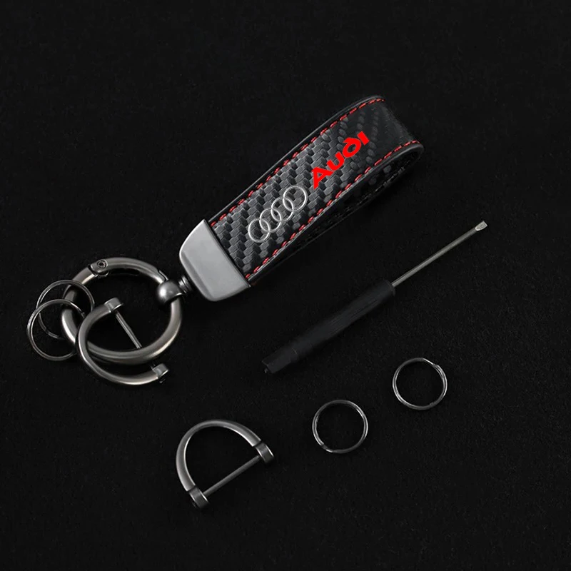 Car Emblems Keychain Leather Carbon Fiber Keyring Anti-lost Pendant for Audi Q2 Q3 Q3 Q4 Q5 Q6 Q7 Q8 S6 SQ2 TTS Auto Accessories