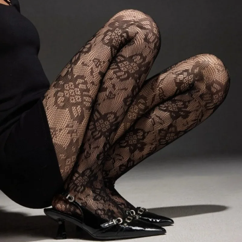

Floral Pattern Tights Women Sexy Lace Flower Thigh High Stockings Black Mesh Pantyhose Elastic Slimming Fishnet Tights Hosiery
