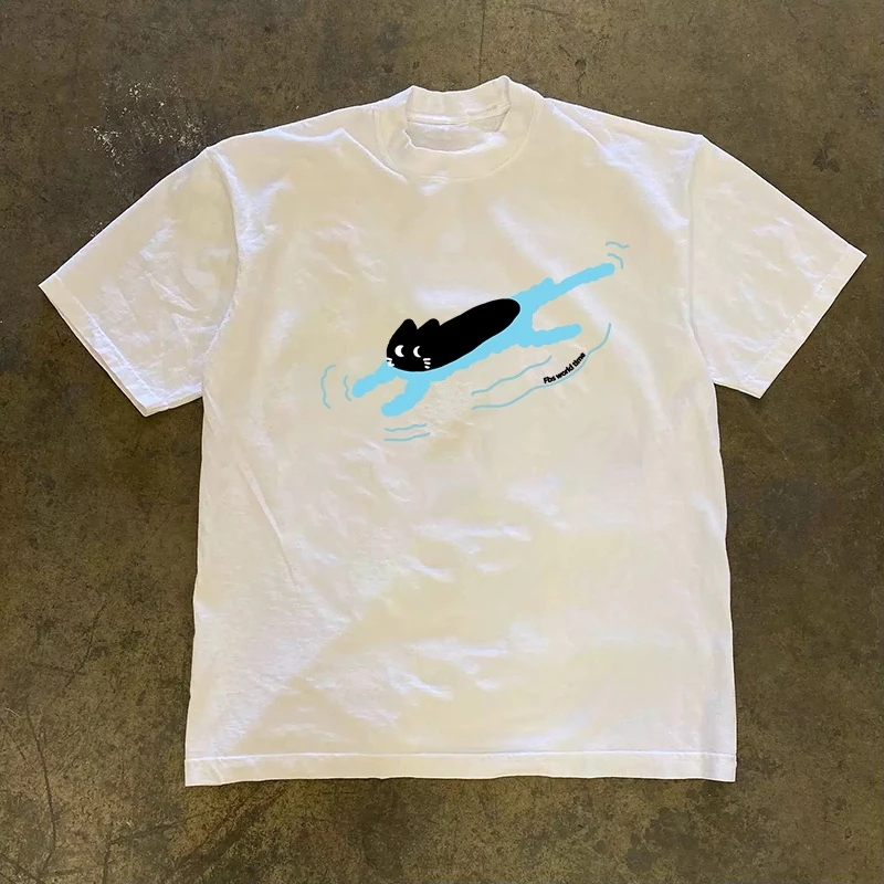 2026 New Cool Resh Blue Water Element Kitty Art Print Harajuku Style Cotton T Shirt