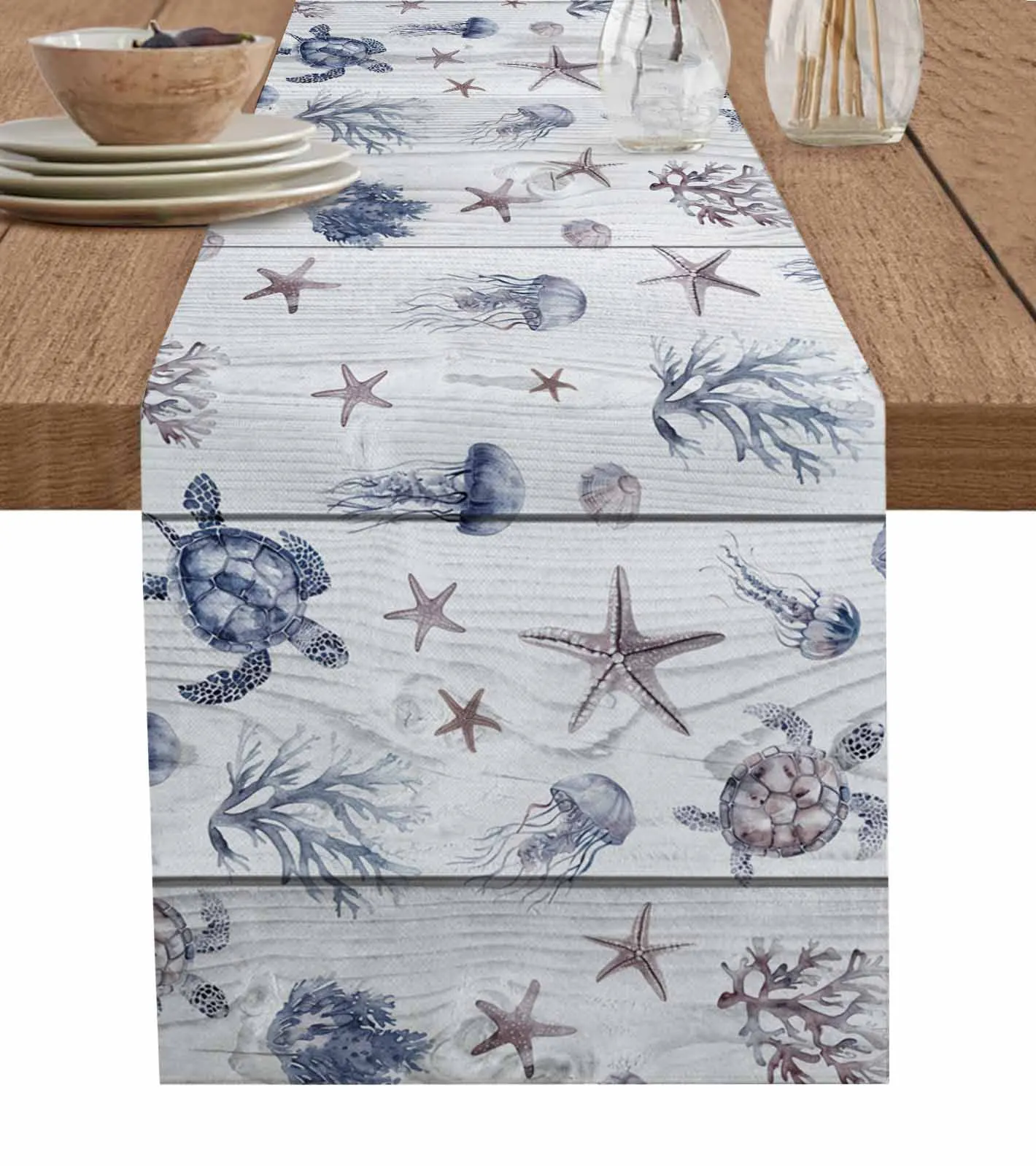 Marine Creatures Turtles Starfish Corals  Jellyfish Table Runner Wedding Table Mat Centerpieces Decor Dining Long Tablecloth