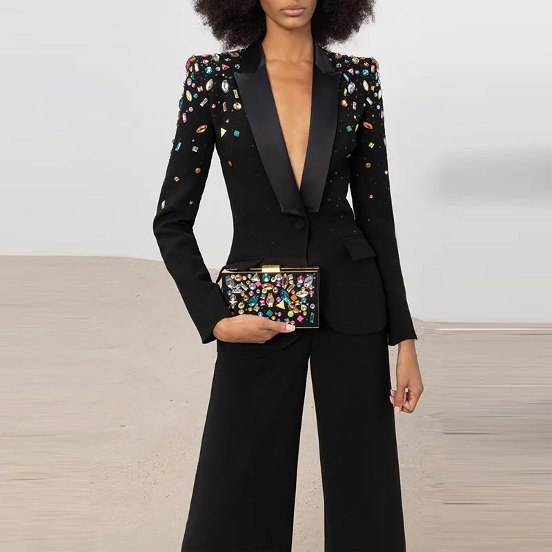 Beaded Color Diamond Women Pants Suit Peak Lapels Long Sleeve Suit Coat Flared Trousers Gorgeous Black And White Blazer In Stock