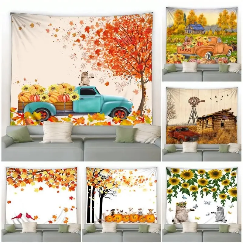 Autumn Landscape Tapestry Farm Truck Pumpkin Maple Leaves Trees Retro Farmhouse Cat Dog Sunflower Home Garden Decor Wall Hanging