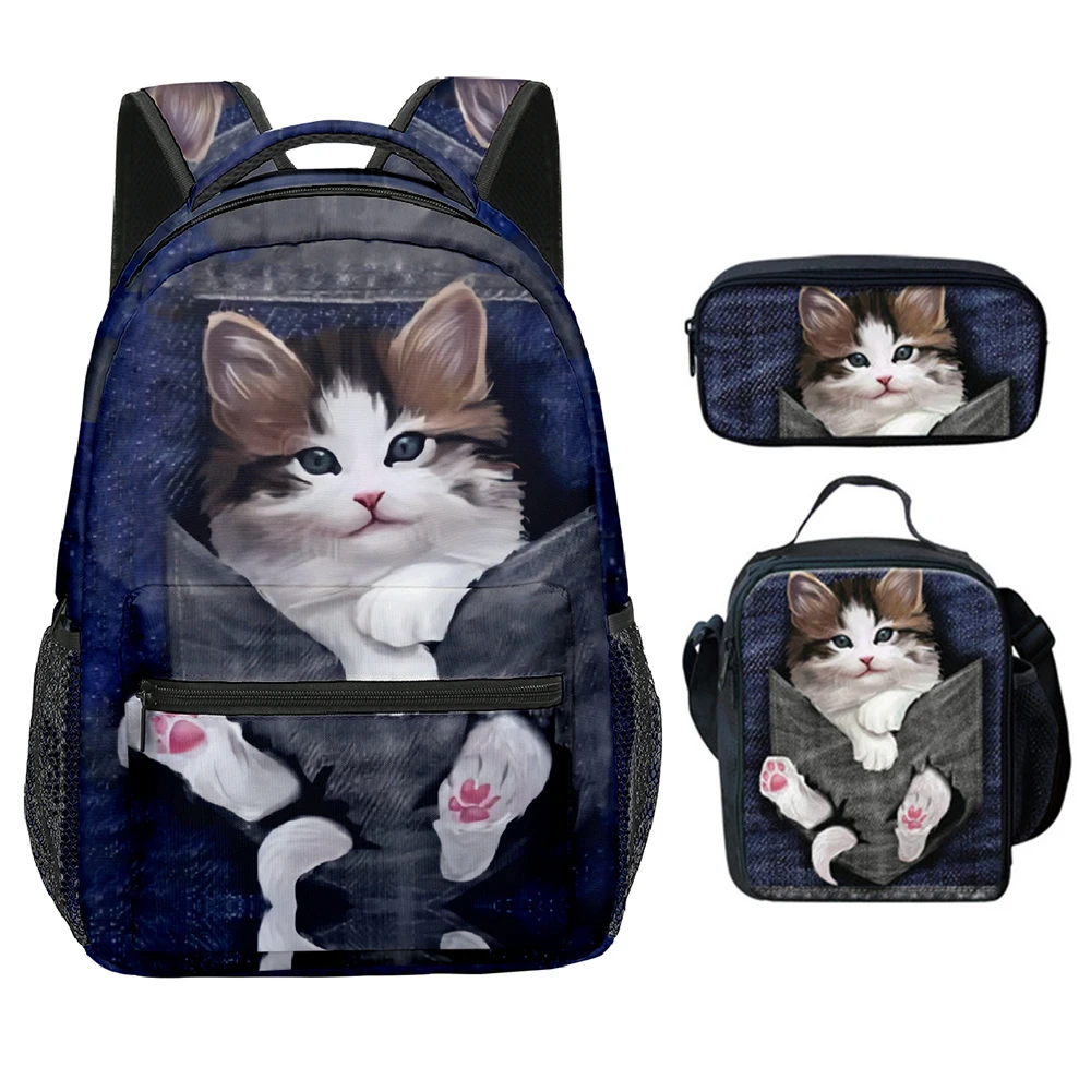 Cartoon Novelty Cool Cute Cat Pattern 3D Print 3pcs/Set Student School Bags Laptop Backpack Crossbody Lunch bag Pencil Case