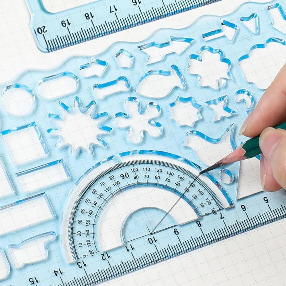 2 Stuks Uitstekende Student Liniaal Lichtgewicht Tekening Liniaal Duidelijke Schaal Multi-Vormige Uitgeholde Geometrie Liniaal Tekening