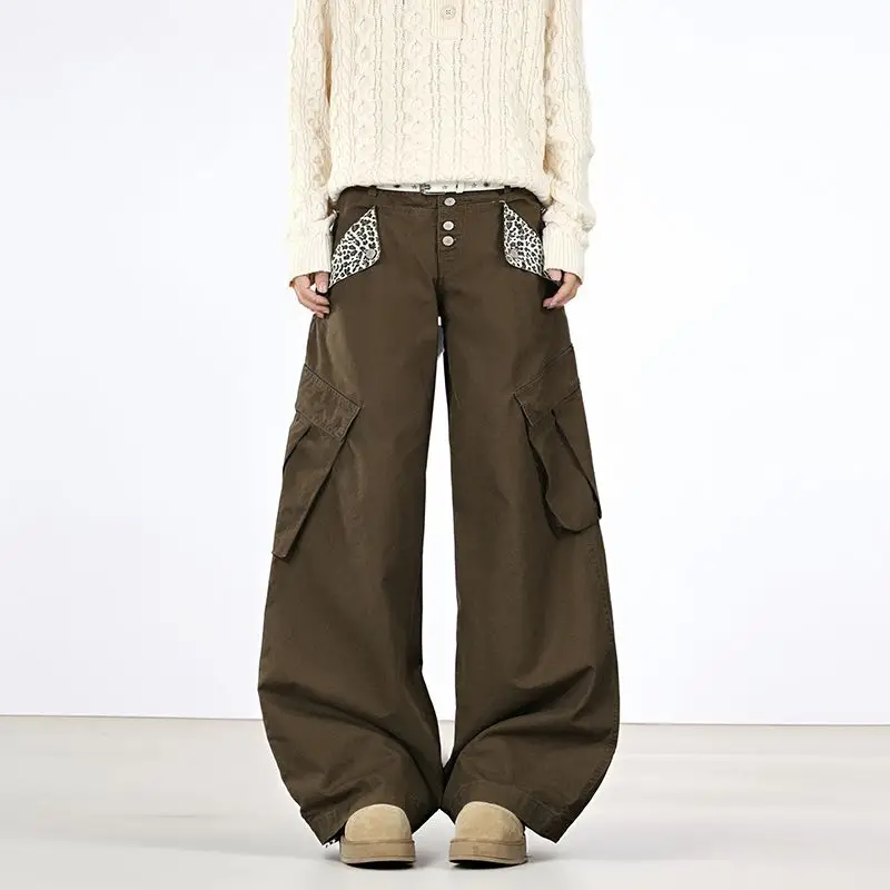 جينز أمريكي عتيق بجيب الفهد جينز نسائي Y2K موضة ملابس الشارع هاراجوكو فضفاض غير رسمي عالي الخصر بنطال ذو قصة أرجل واسعة