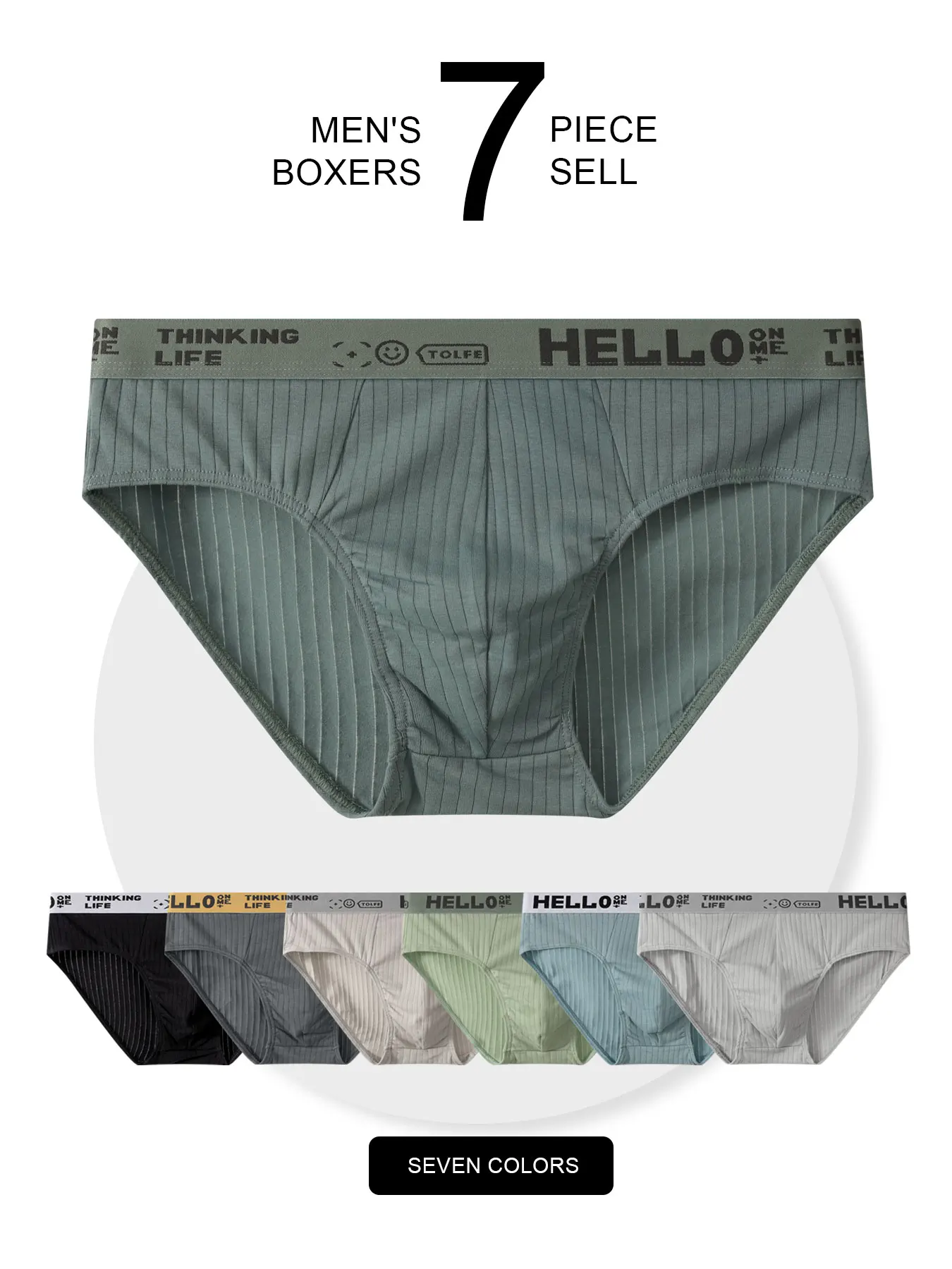 

7-Piece Men's Cotton Briefs - Striped Fabric, Printed Waistband with “HELLO” & “THINKING LIFE”, All-Day Comfort