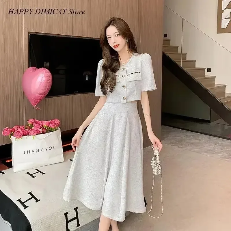 Two-Piece Set for Women, Coat Top and Midi Skirt Suits, Small Fragrant, Korean Fashion, Sweet and Elegant, New, Summer