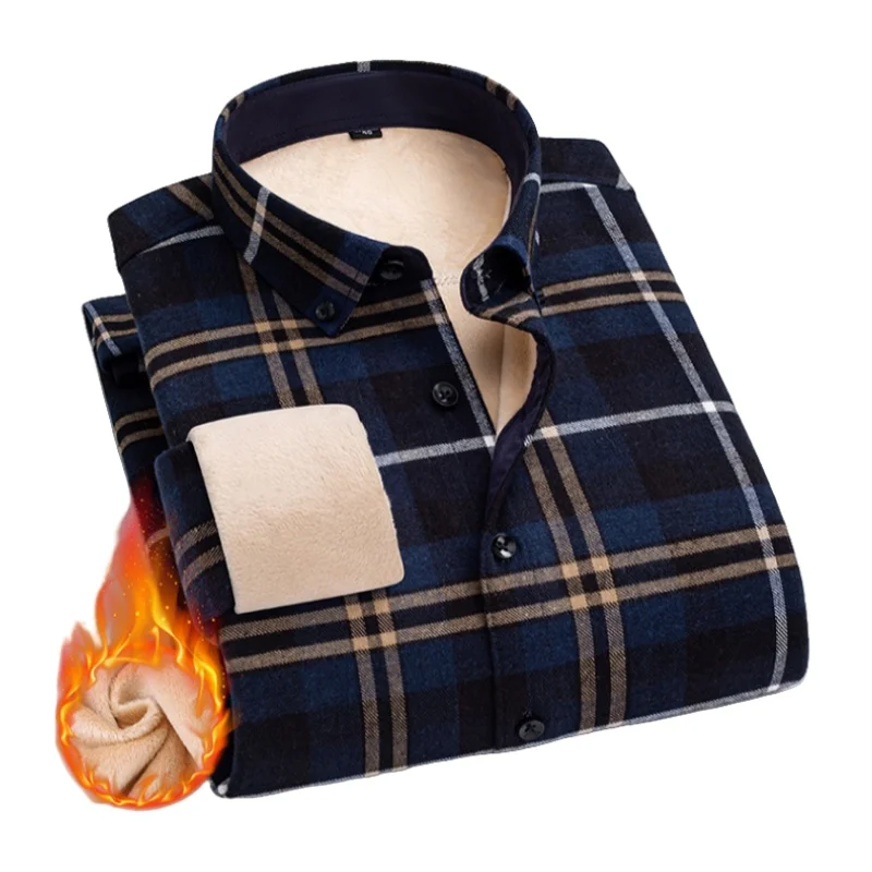 

Autumn Winter Warm Plaid Shirts For Men Thick Velvet Long Sleeve Shirt Tops Slim Casual Business Male Jacket Thick Warm Outwear