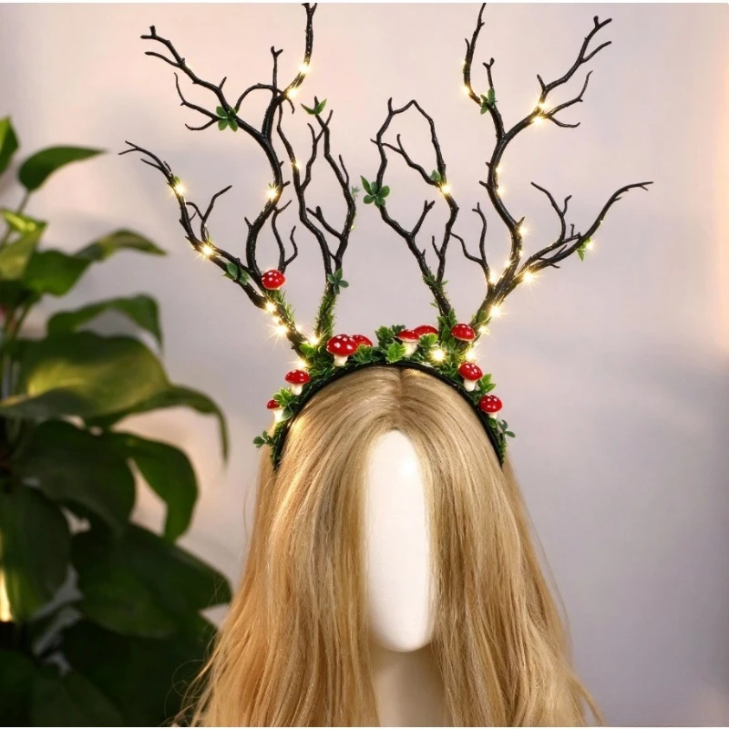 Light Up Forest Mushroom Antler Headband - Handmade LED Moss Branch Crown for Halloween Fairy Cosplay Party Photo Prop