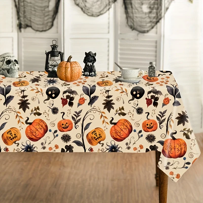 1pc,Beige Color Halloween Pumpkin Tablecloth,86.61*51.18inch,Full Version Pumpkin Pattern Disposable Plastic Tablecover,Happy Ha