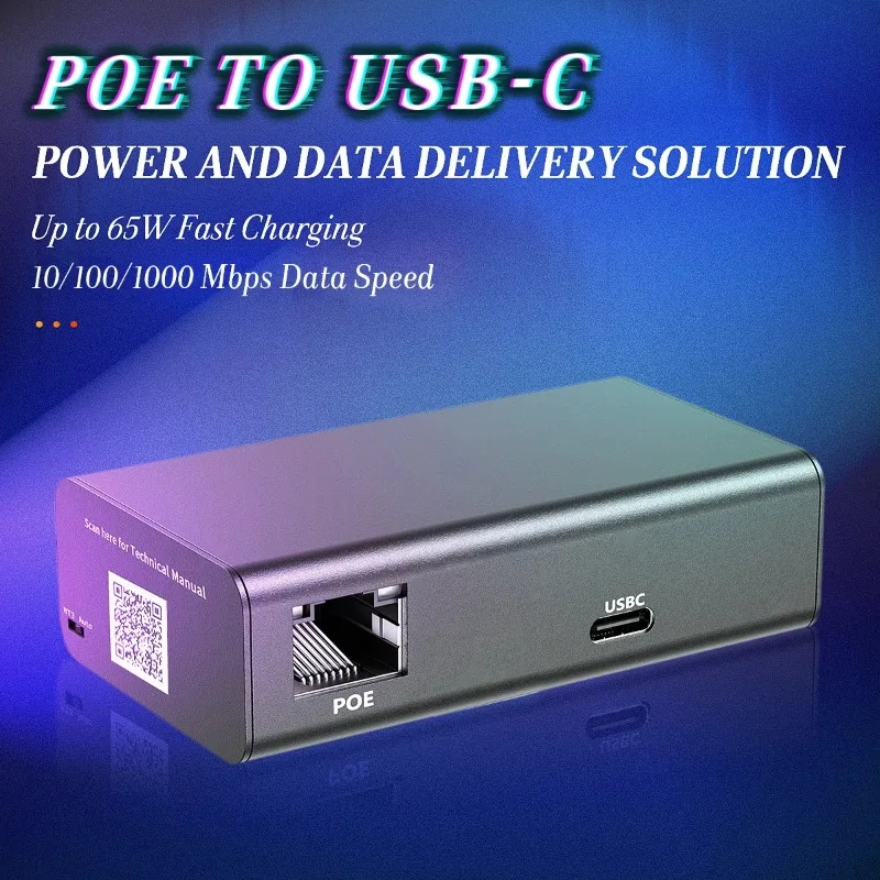 All-in-one USBC Tablets Laptops Charger Data Transmit Adapter 802.3BT PoE Convert to Type-C with 65W Power and 1000mbps Ethernet