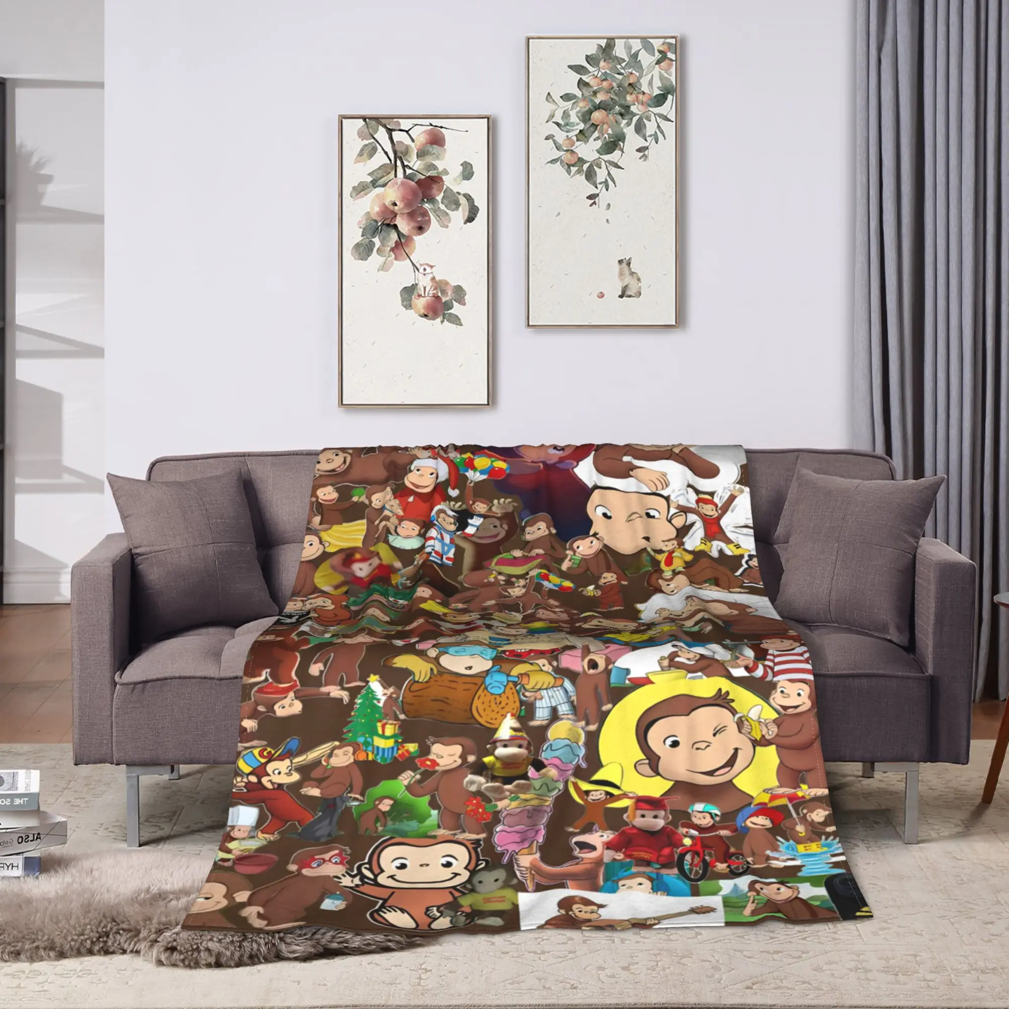 Cute Cartoon Curious George Character Collage Plush Blanket Flannel Throw Blanket For Bedroom Warm Soft Bedspread Gift Idea
